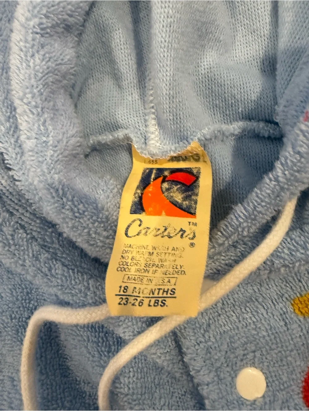 Vintage 70s 80s Carter's Baby Blue Terry Velour submarine rainbow Hoodie